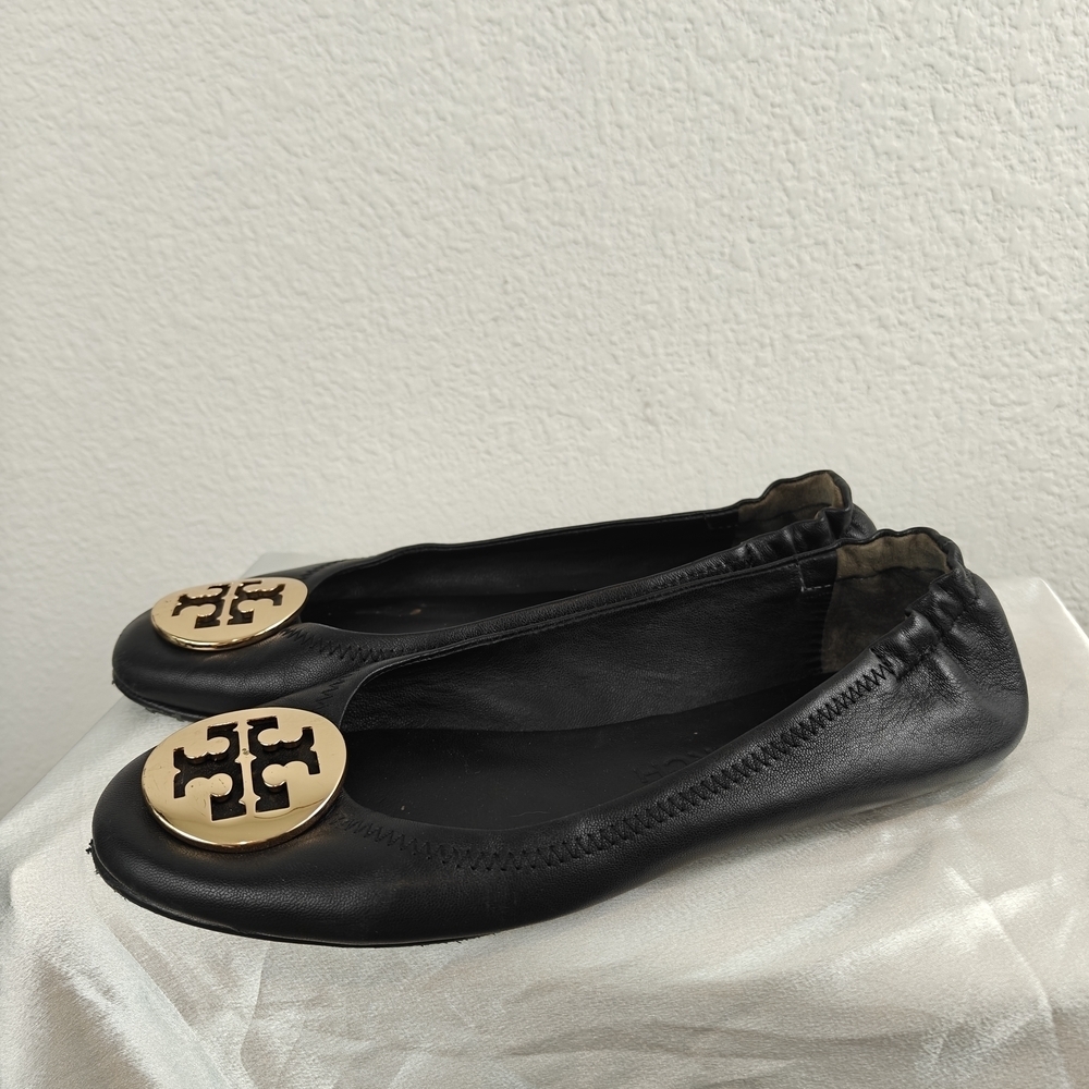 Tory Burch Claire Ballet Flats Black Gold Slip On Size 8 Women's - Picture 6 of 13